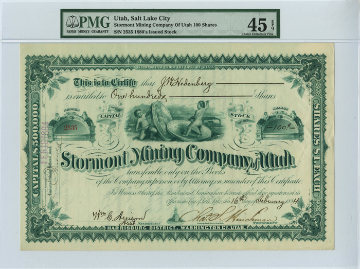 Stormont Mining Co. of Utah - Graded PMG 45 EPQ - 1882-86 dated Utah Mining Stock Certificate